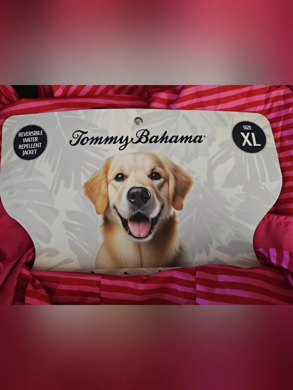 Tommy Bahama Bright Pink Striped 2-in-1 reversible Hooded Doggy Jacket.
